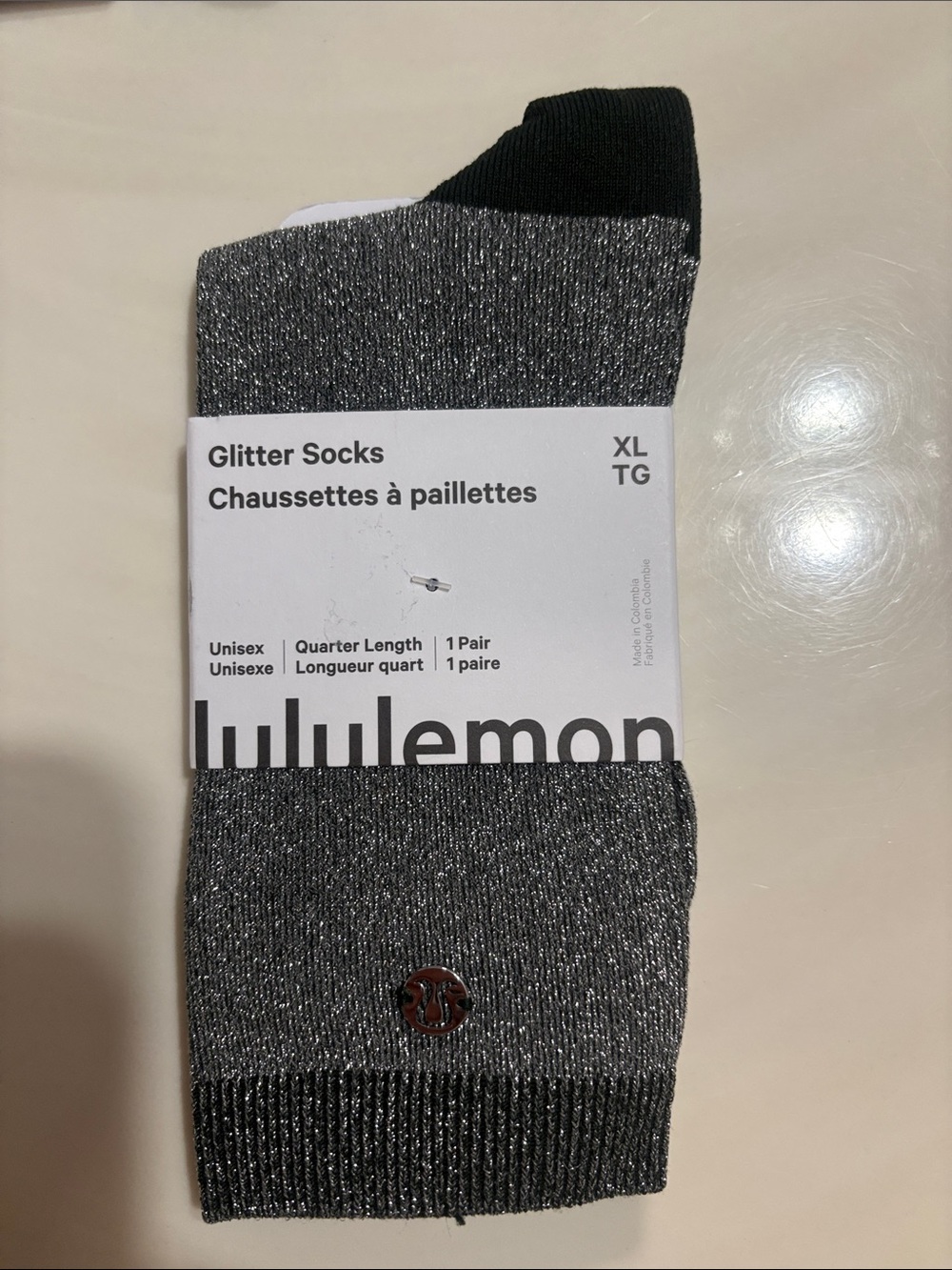 New Lululemon Black Silver Glitter Quarter Unisex Socks Size XL